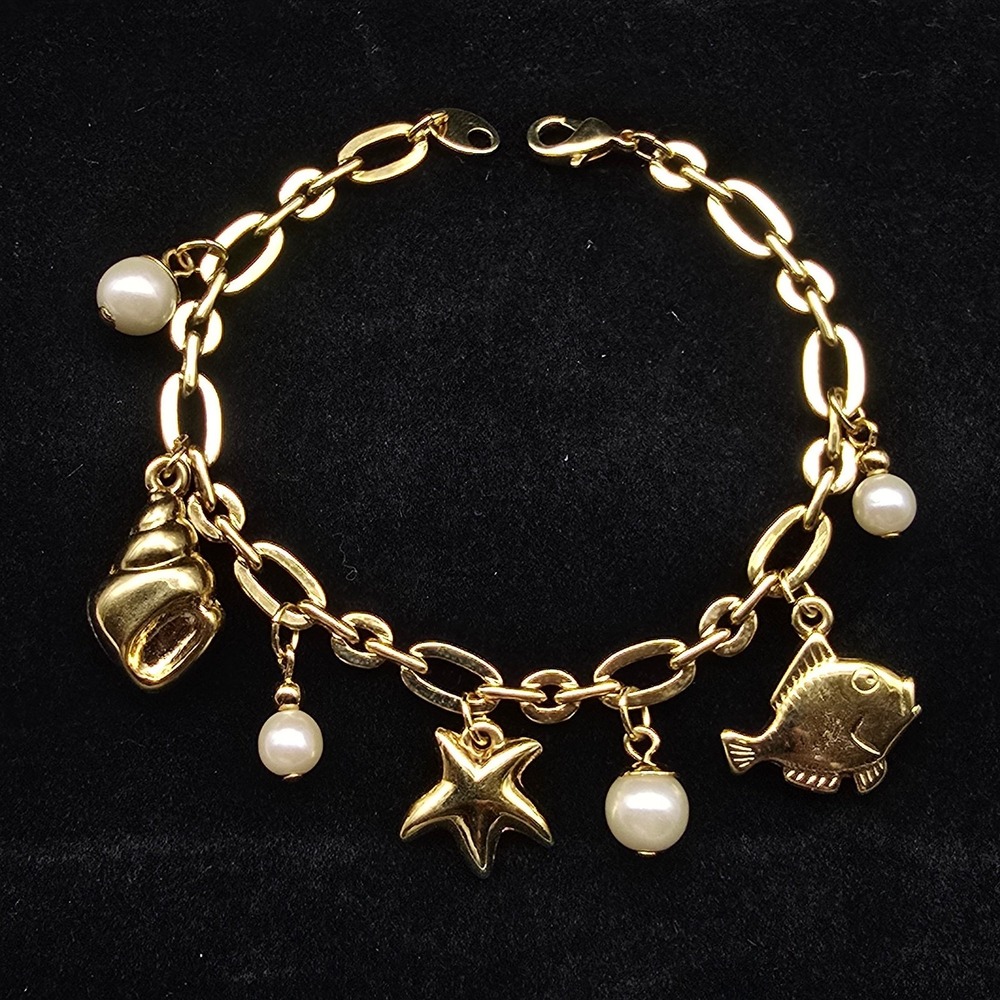 Avon Sea Life Charm Bracelet Gold Tone Faux Pearl Beach Summer